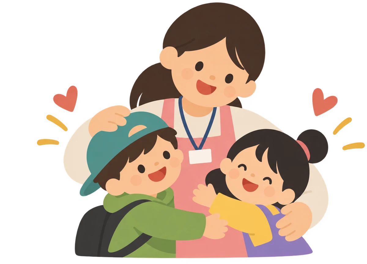 선생님이 두 아이를 품에 안고 있는 그림